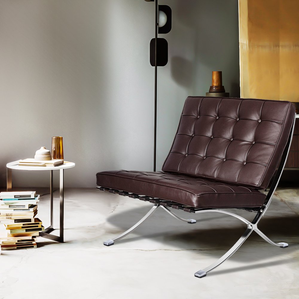 28" Brown and Silver Tufted Genuine Leather and Stainless Steel Folding Lounge Chair