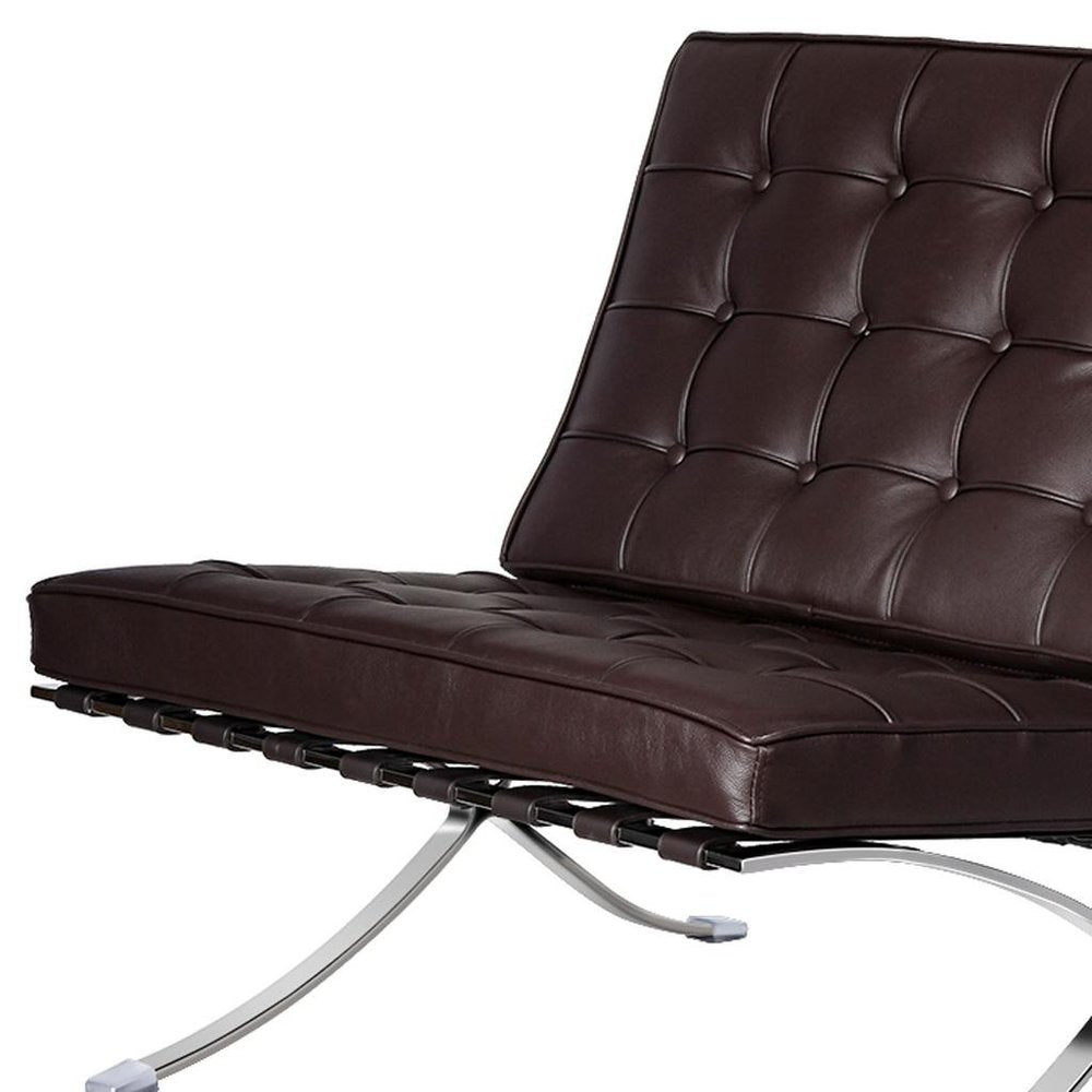 28" Brown and Silver Tufted Genuine Leather and Stainless Steel Folding Lounge Chair