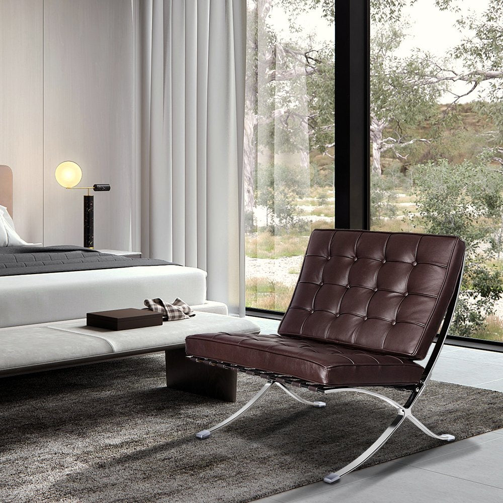 28" Brown and Silver Tufted Genuine Leather and Stainless Steel Folding Lounge Chair