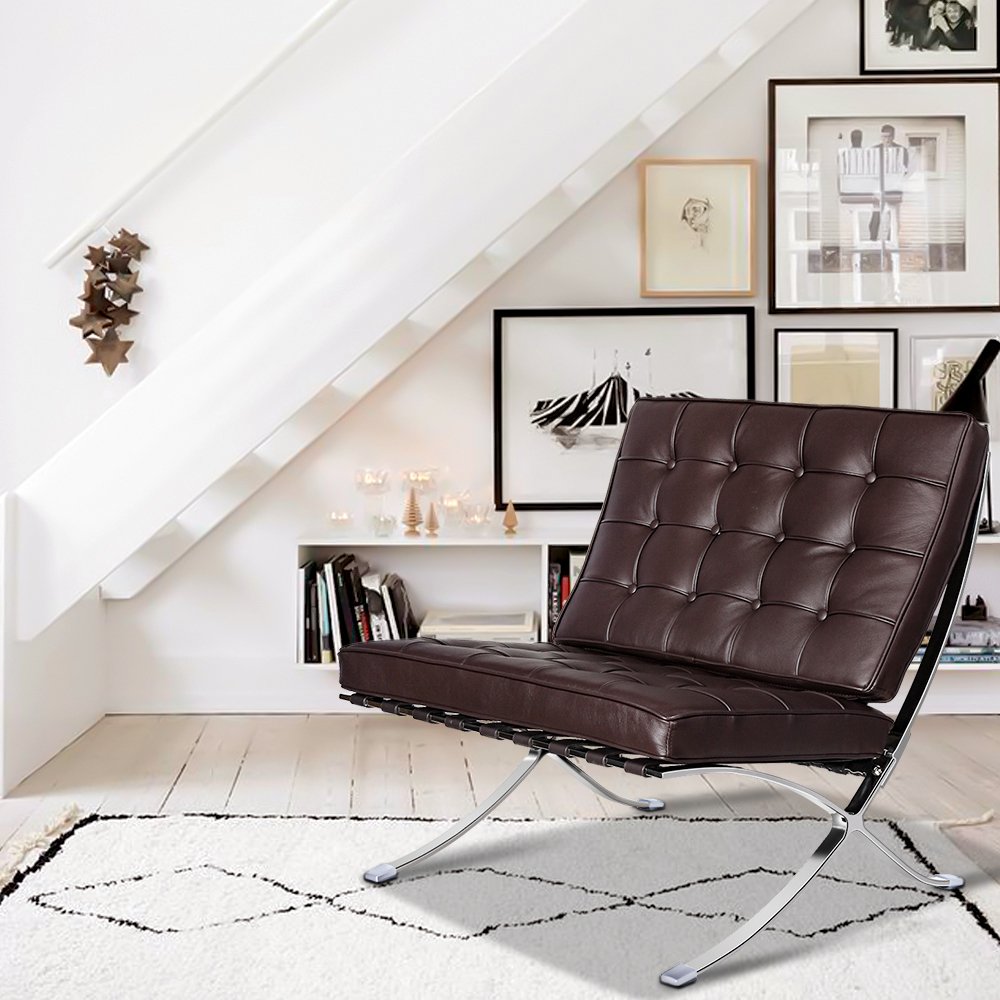 28" Brown and Silver Tufted Genuine Leather and Stainless Steel Folding Lounge Chair