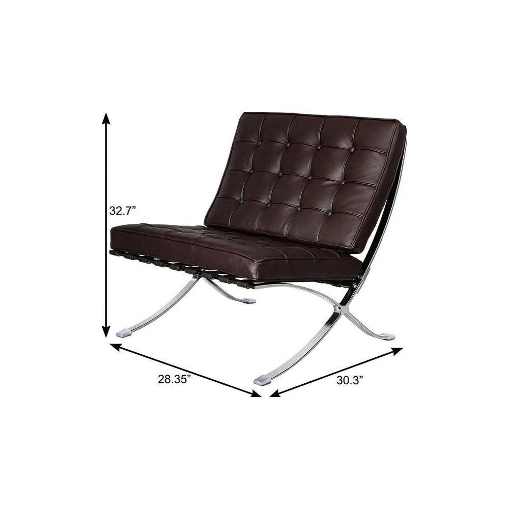28" Brown and Silver Tufted Genuine Leather and Stainless Steel Folding Lounge Chair