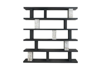 71" Black And White Wood And Faux Marble Five Tier Geometric Bookcase