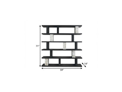 71" Black And White Wood And Faux Marble Five Tier Geometric Bookcase