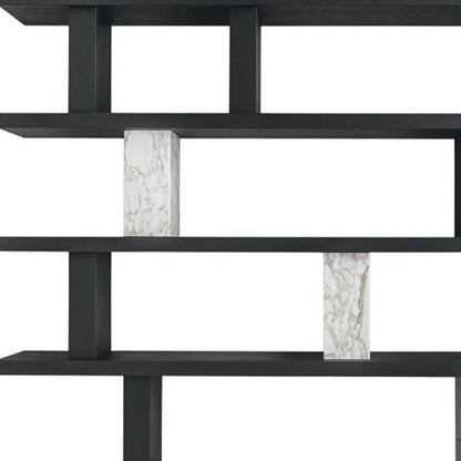71" Black And White Wood And Faux Marble Five Tier Geometric Bookcase
