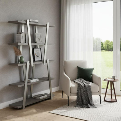 71" Gray And Silver Stainless Steel and Wood Four Tier Geometric Bookcase