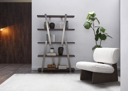 71" Gray And Silver Stainless Steel and Wood Four Tier Geometric Bookcase
