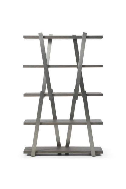 71" Gray And Silver Stainless Steel and Wood Four Tier Geometric Bookcase
