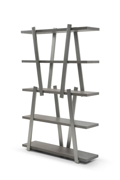 71" Gray And Silver Stainless Steel and Wood Four Tier Geometric Bookcase