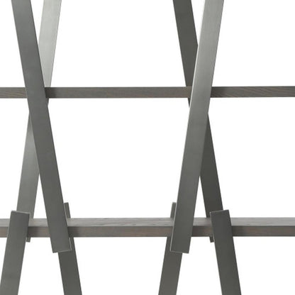 71" Gray And Silver Stainless Steel and Wood Four Tier Geometric Bookcase
