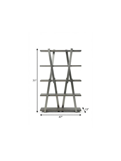71" Gray And Silver Stainless Steel and Wood Four Tier Geometric Bookcase