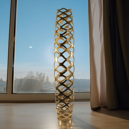 47" Gold Aluminum Pierced Geometric Cylinder Floor Vase