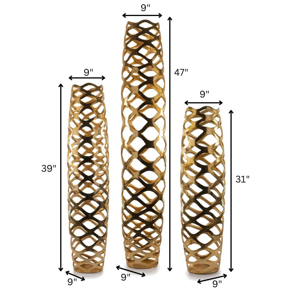 39" Gold Aluminum Pierced Geometric Cylinder Floor Vase