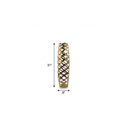 31" Gold Aluminum Pierced Geometric Cylinder Floor Vase