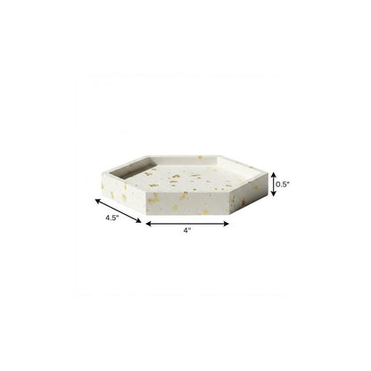 5" White And Gold Resin Handmade Hexagon Trinket Tray