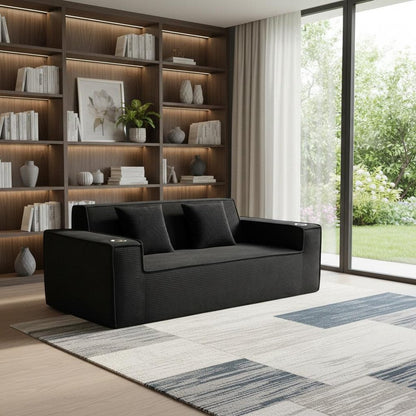 76" Black Corduroy Sofa With Toss Pillows