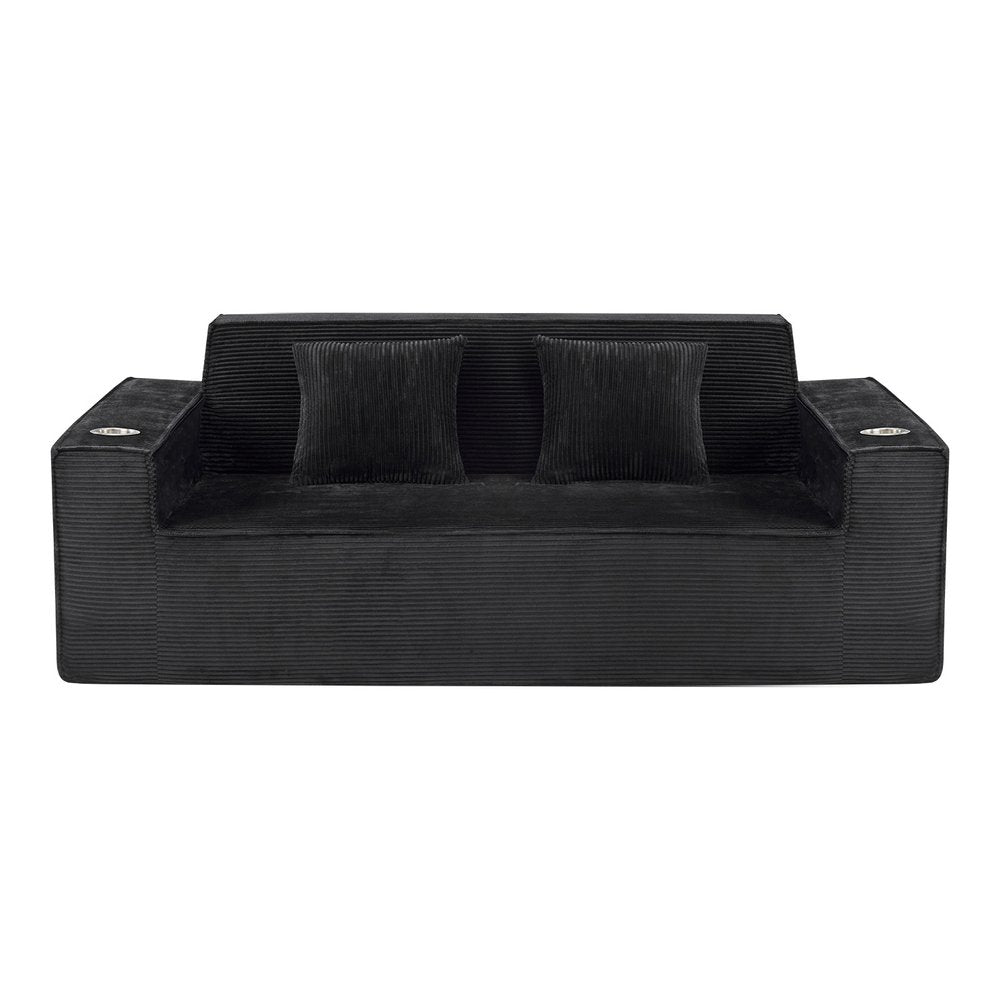 76" Black Corduroy Sofa With Toss Pillows