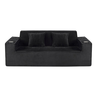 76" Black Corduroy Sofa With Toss Pillows