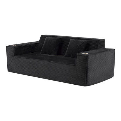 76" Black Corduroy Sofa With Toss Pillows