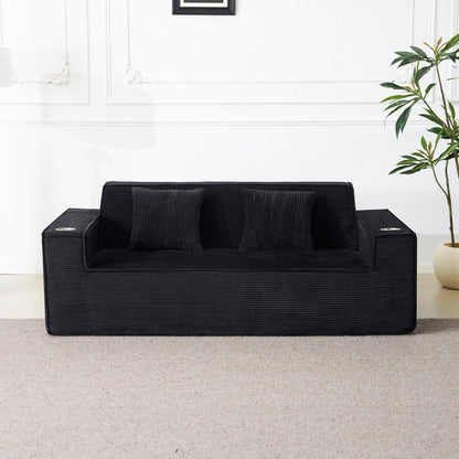 76" Black Corduroy Sofa With Toss Pillows