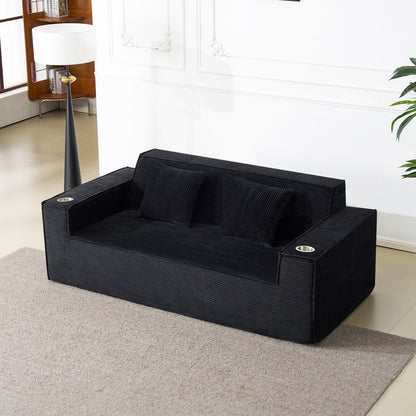 76" Black Corduroy Sofa With Toss Pillows