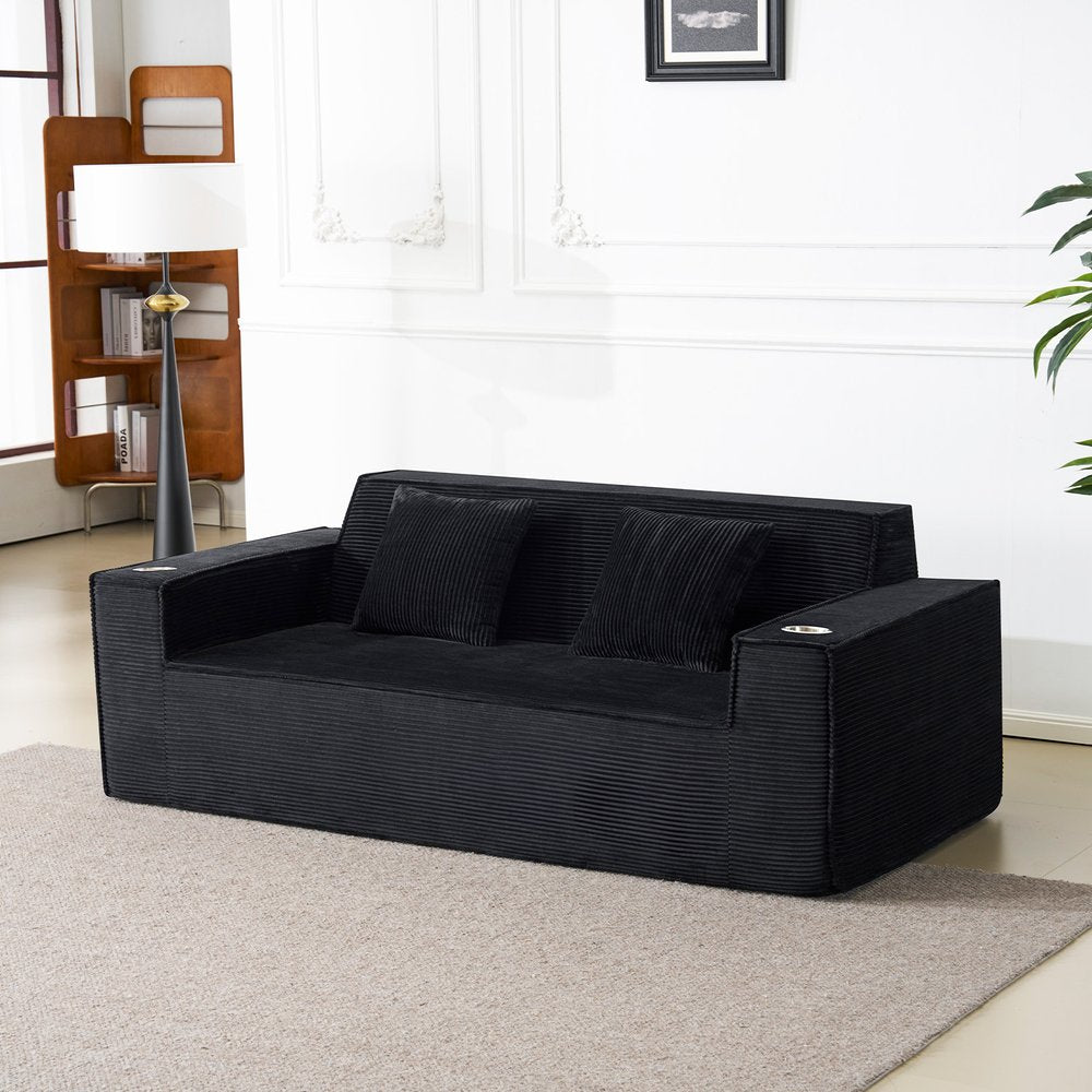 76" Black Corduroy Sofa With Toss Pillows