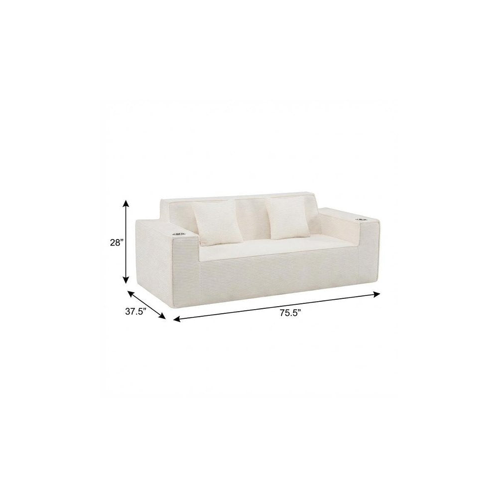 76" White Corduroy Sofa With Toss Pillows