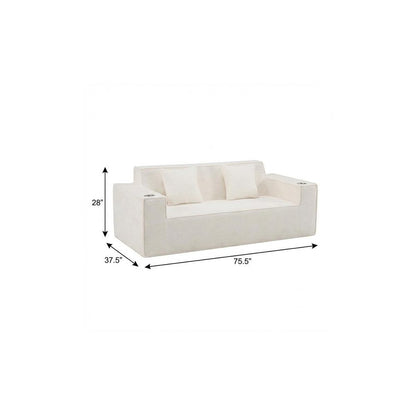 76" White Corduroy Sofa With Toss Pillows