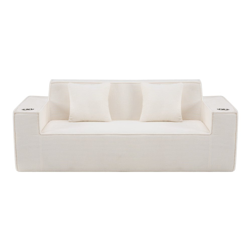 76" White Corduroy Sofa With Toss Pillows