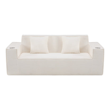 76" White Corduroy Sofa With Toss Pillows