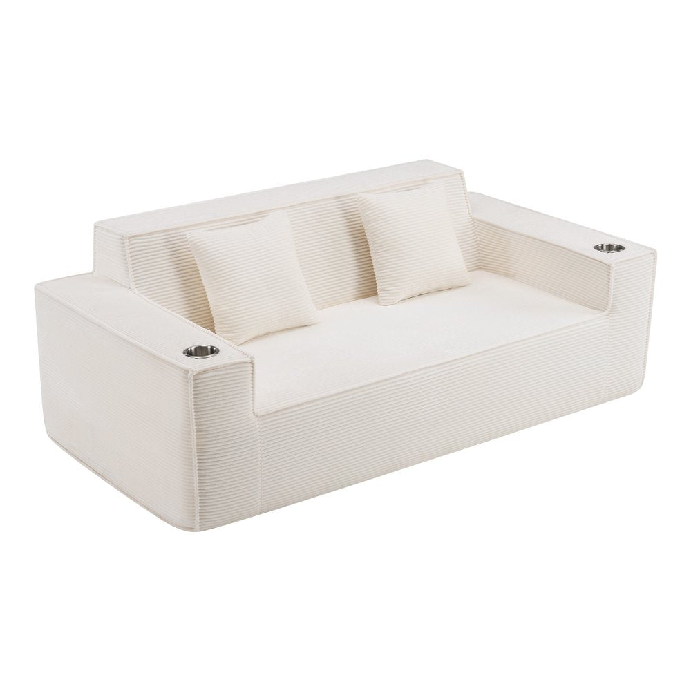 76" White Corduroy Sofa With Toss Pillows
