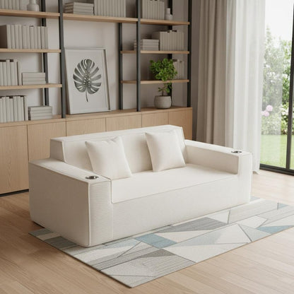 76" White Corduroy Sofa With Toss Pillows