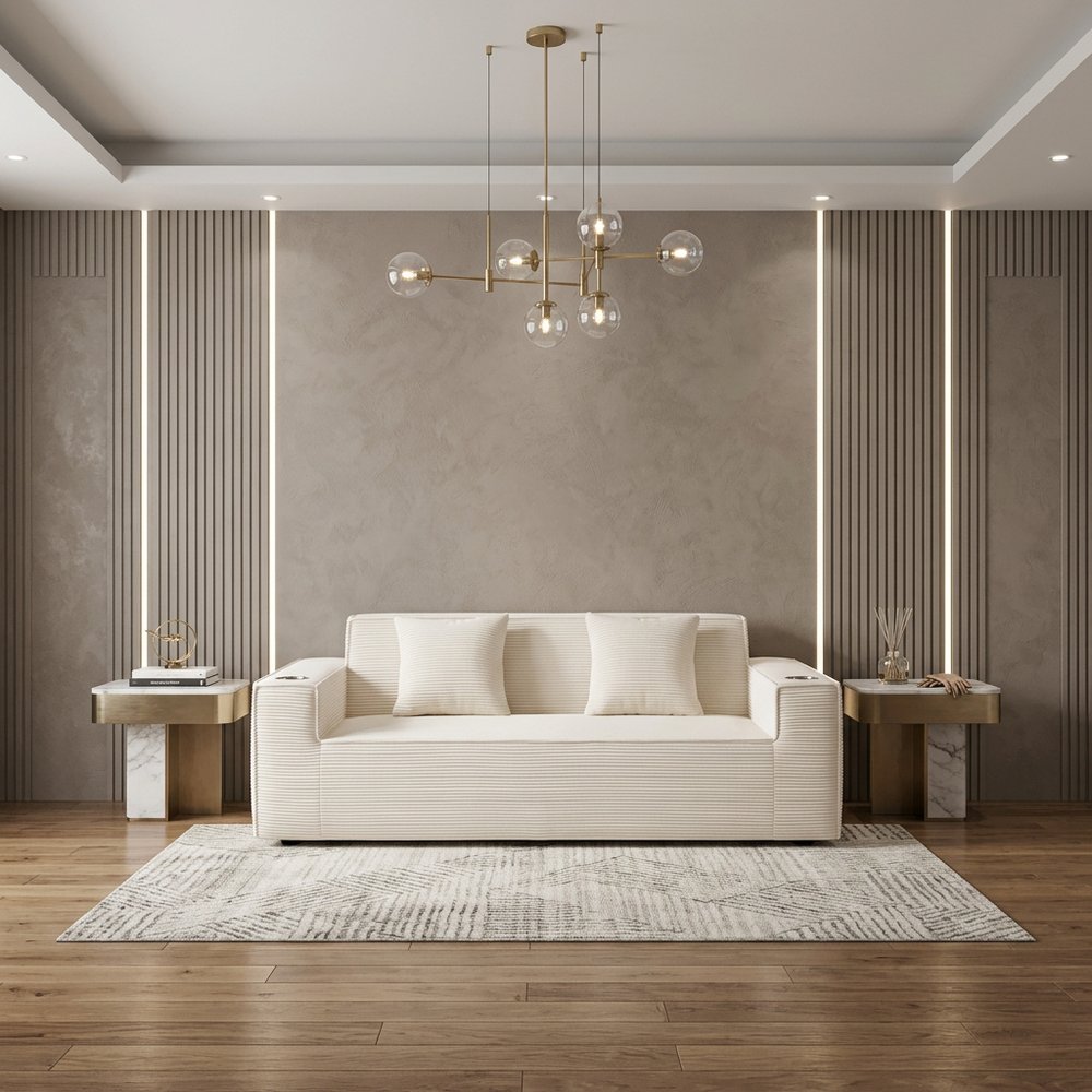 76" White Corduroy Sofa With Toss Pillows