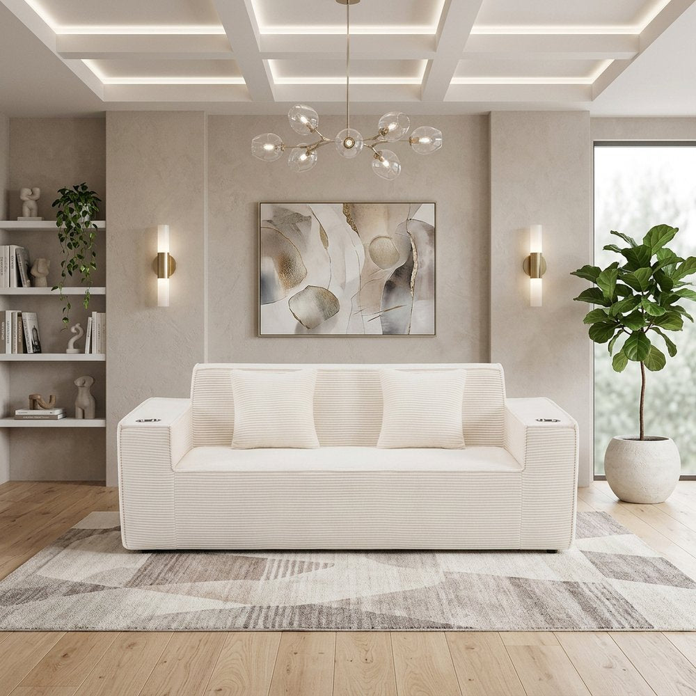 76" White Corduroy Sofa With Toss Pillows