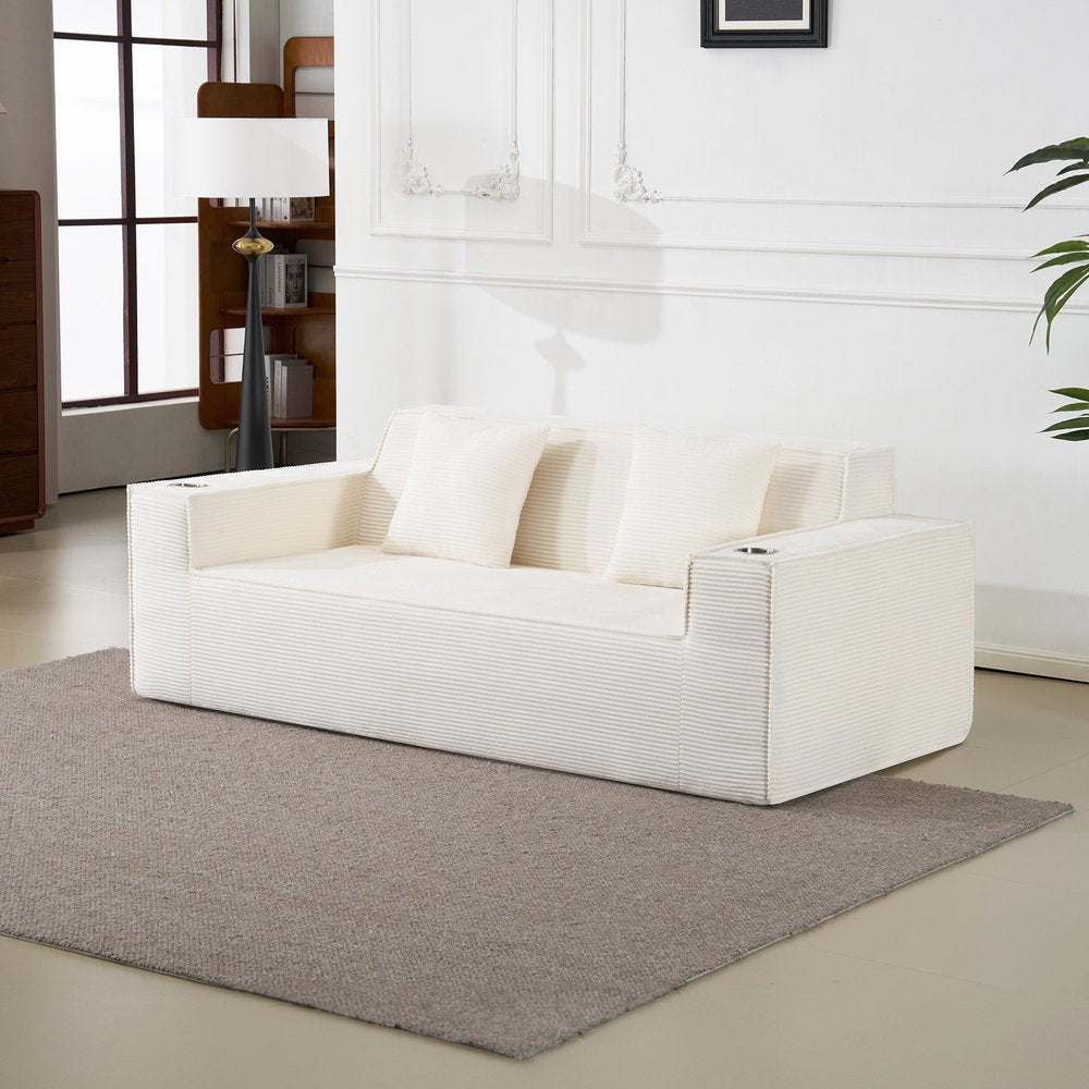 76" White Corduroy Sofa With Toss Pillows