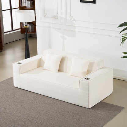 76" White Corduroy Sofa With Toss Pillows