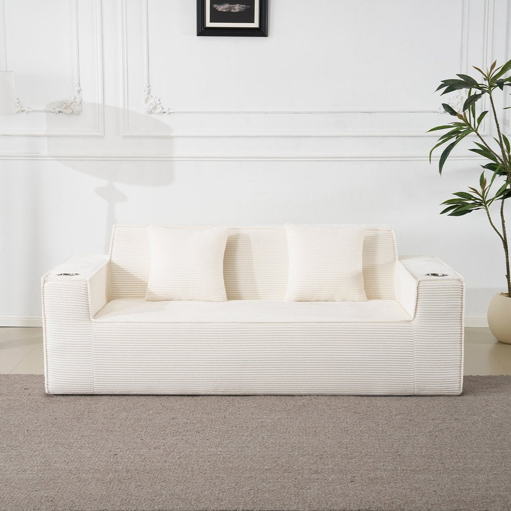 76" White Corduroy Sofa With Toss Pillows
