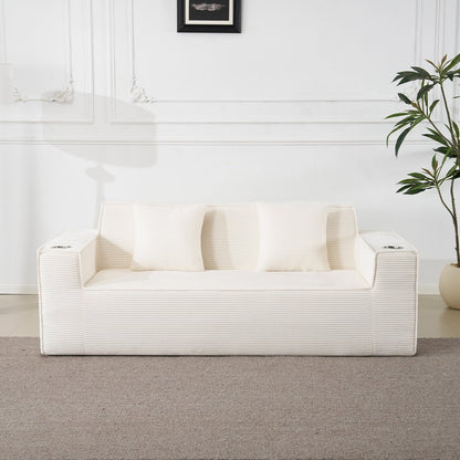 76" White Corduroy Sofa With Toss Pillows