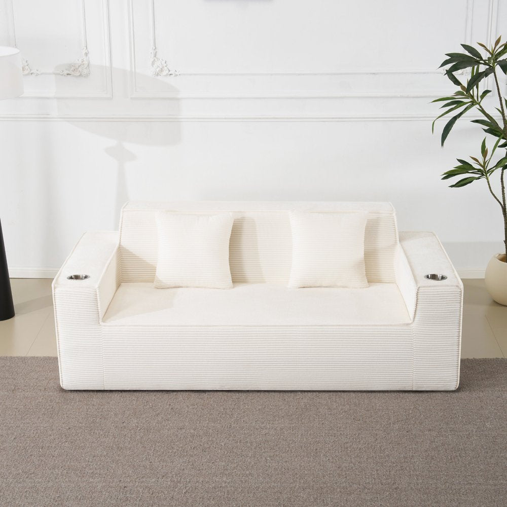76" White Corduroy Sofa With Toss Pillows
