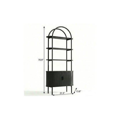 71" Black Wood Four Tier Arched Etagere Bookcase with Two Doors