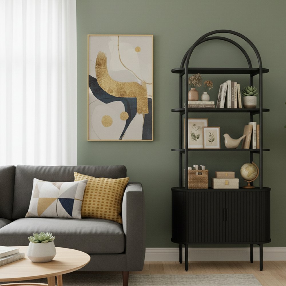 71" Black Wood Four Tier Arched Etagere Bookcase with Two Doors