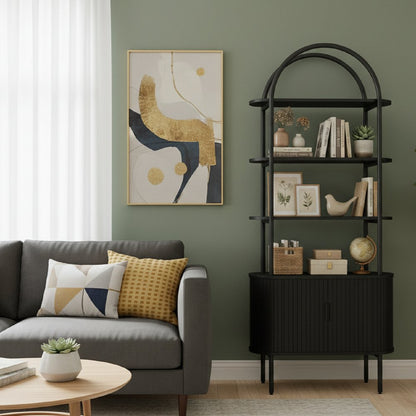 71" Black Wood Four Tier Arched Etagere Bookcase with Two Doors