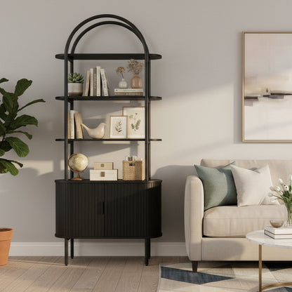 71" Black Wood Four Tier Arched Etagere Bookcase with Two Doors