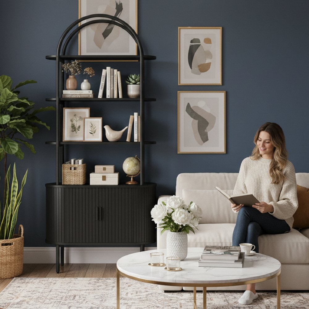 71" Black Wood Four Tier Arched Etagere Bookcase with Two Doors