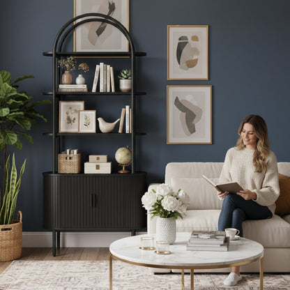 71" Black Wood Four Tier Arched Etagere Bookcase with Two Doors