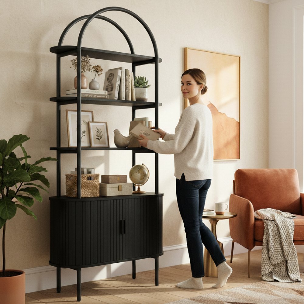 71" Black Wood Four Tier Arched Etagere Bookcase with Two Doors