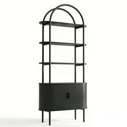 71" Black Wood Four Tier Arched Etagere Bookcase with Two Doors