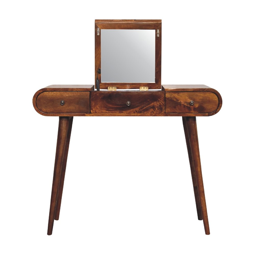 39" Chestnut Solid Wood Mirrored Three Drawer Vanity Table