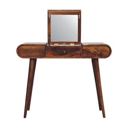 39" Chestnut Solid Wood Mirrored Three Drawer Vanity Table
