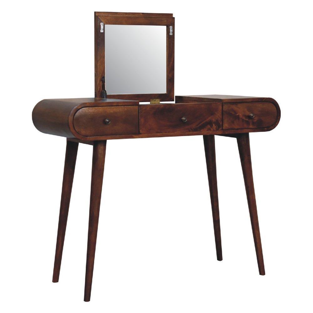 39" Chestnut Solid Wood Mirrored Three Drawer Vanity Table