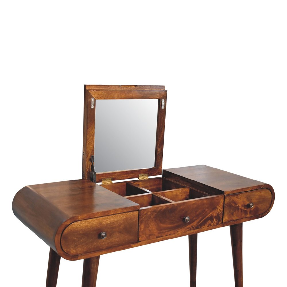 39" Chestnut Solid Wood Mirrored Three Drawer Vanity Table